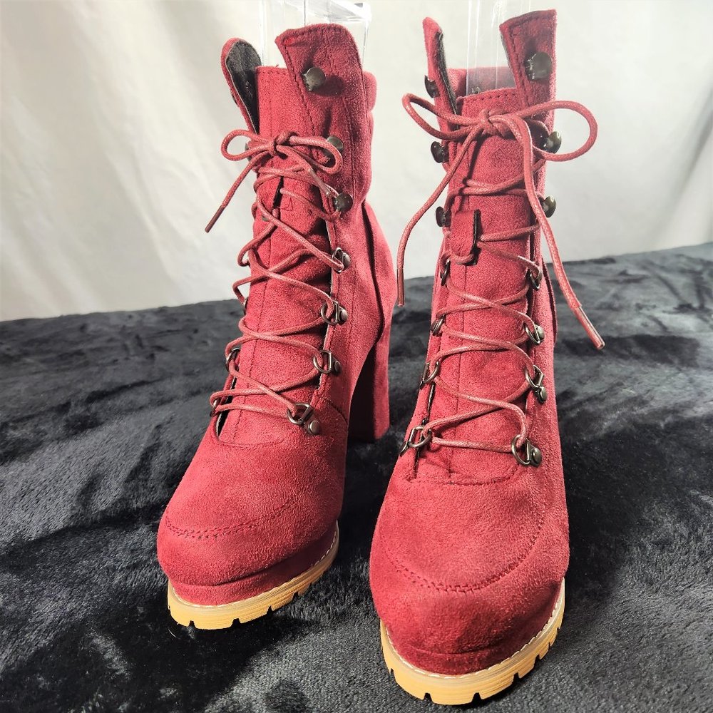 Red Faux Suede Lace-up 4" Block Heel Ankle Booties